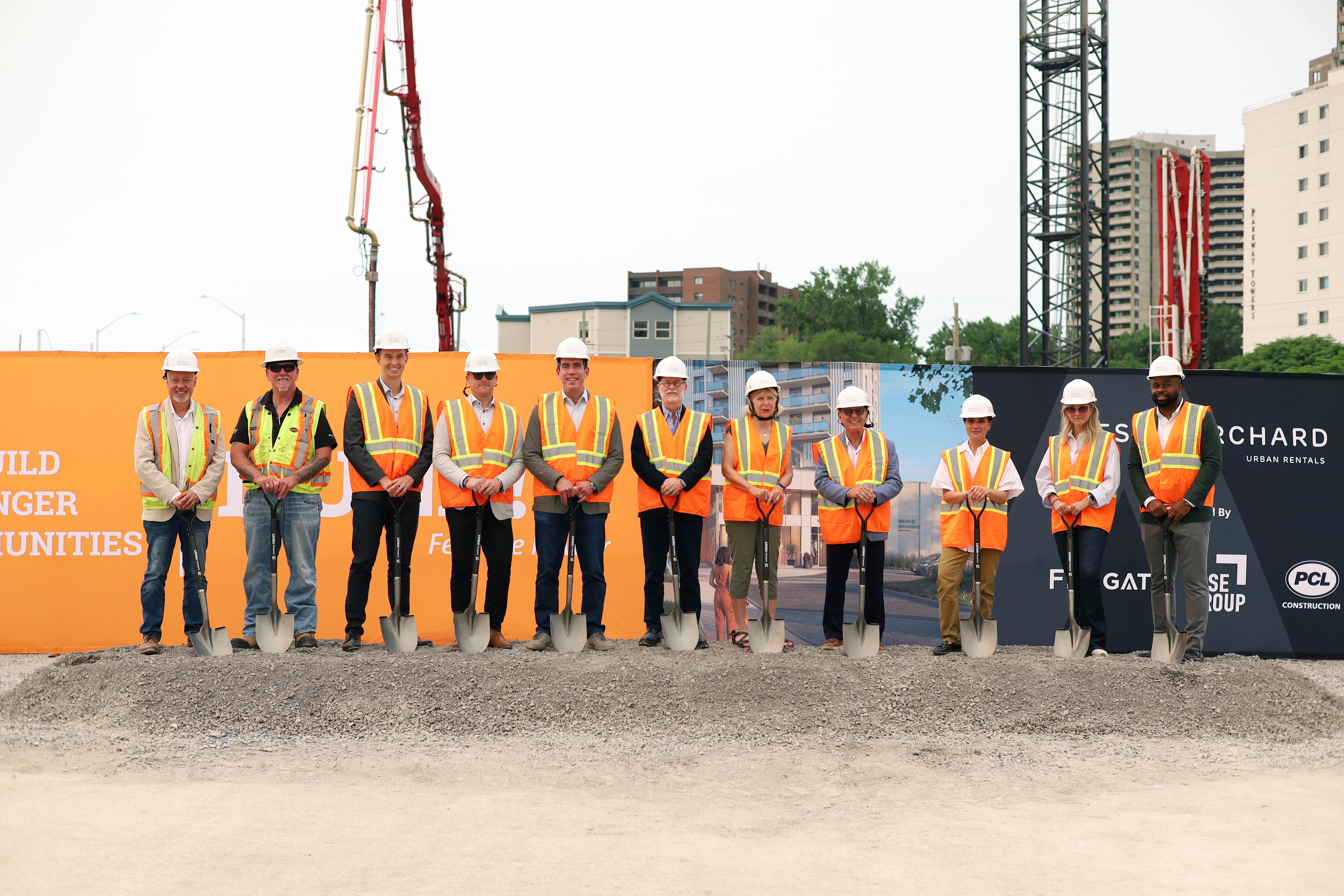 Groundbreaking ceremony for West Orchard Urban Rentals in Ottawa, Ontario, attended by Councillor Theresa Kavanagh, Ward 7, City of Ottawa and representatives from LiUNA, Fengate Asset Management, The Hi-Rise Group, and PCL Construction
