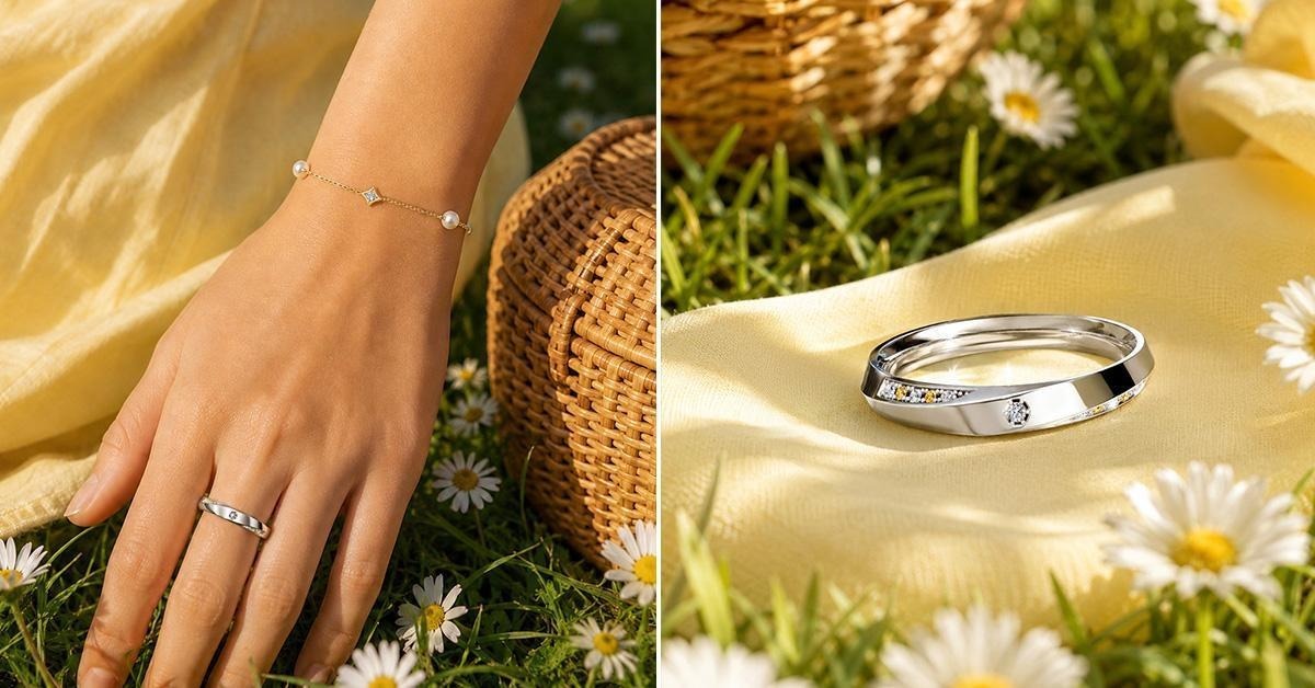 The women's wedding band sets a single diamond within a hexagonal setting, with yellow and white pavé diamonds extending along the angled facets of the band. RGDW006