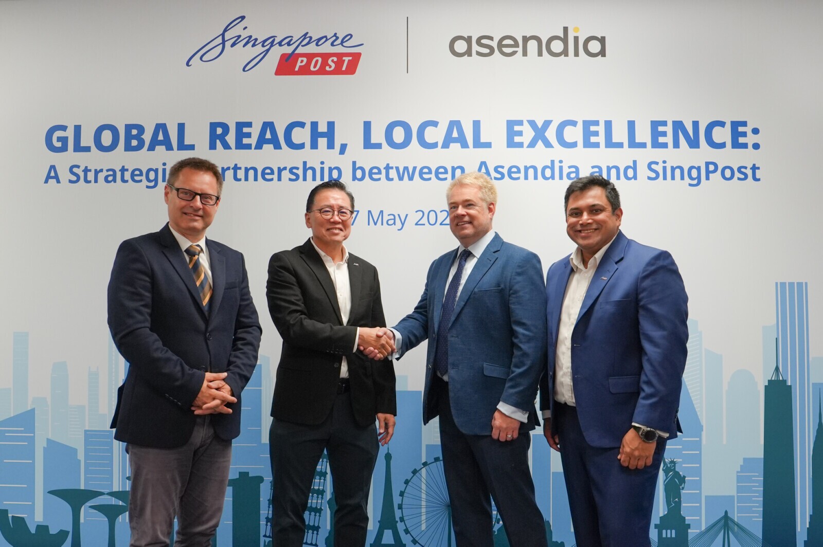 A Strategic Partnership Between Asendia and SingPost (Left to right): Lionel Berthe, Head of Asia Pacific, Asendia; Mark Chong, CEO, SingPost; Simon Batt, CEO, Asendia, and Gavin Pathross, Chief Information Technology Officer, SingPost.