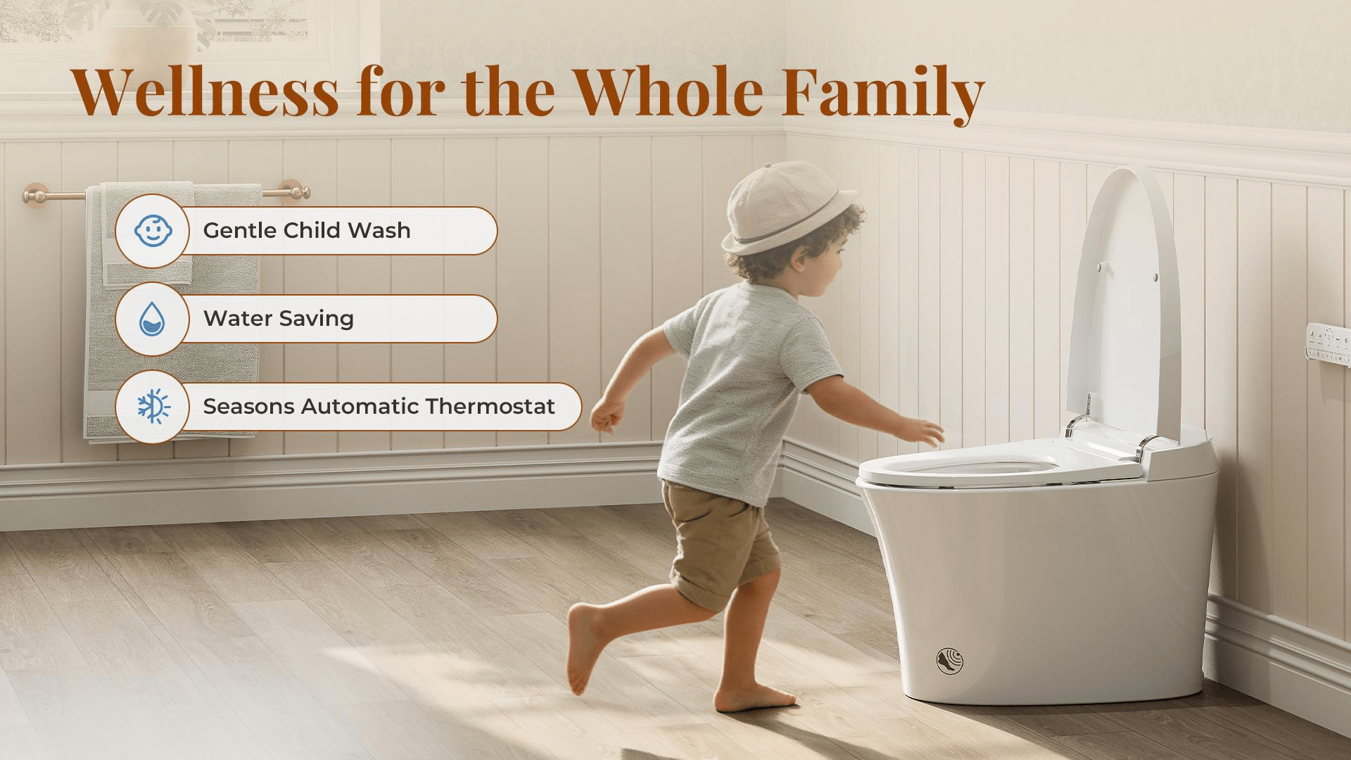 In a modern-style bathroom, a little boy runs toward the Uncle Brown ST12U smart toilet.