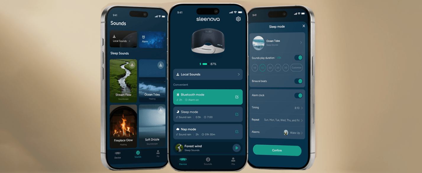 Sleenova app interface with sound and device settings.