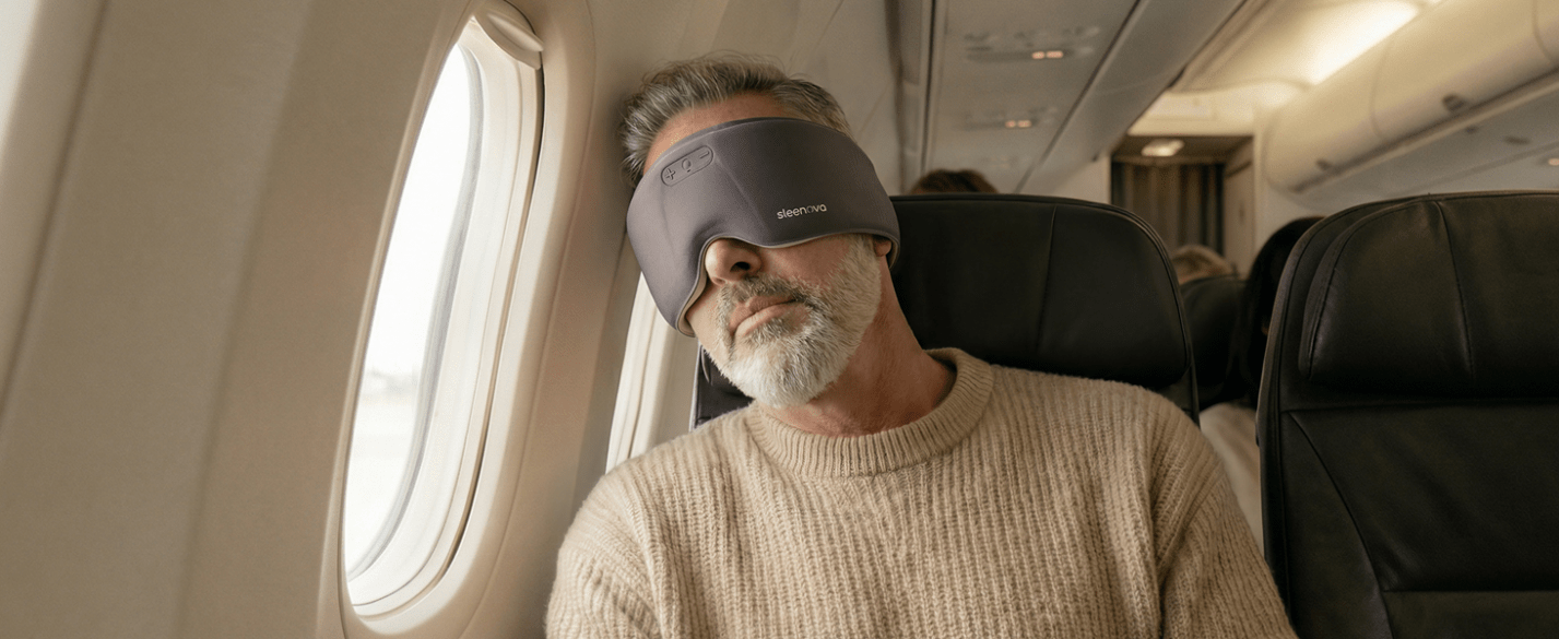 A man resting on an airplane wearing a Sleenova smart sleep mask.