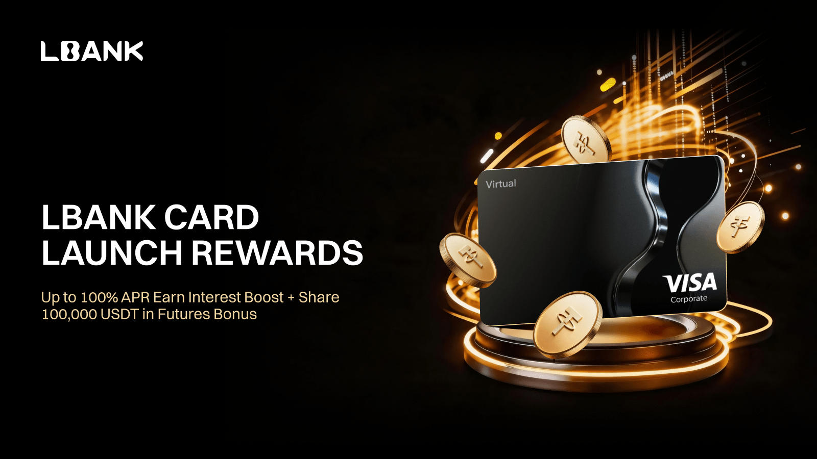A professional promotional graphic introducing the new LBank crypto credit and debit card with global payment features.