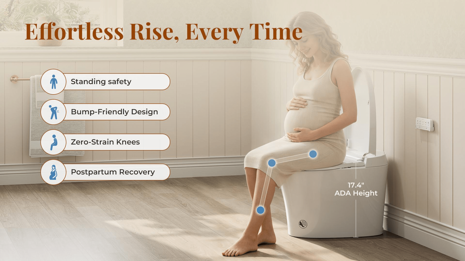 A pregnant woman sits on the Uncle Brown ST12U smart toilet, which has a comfortable height.