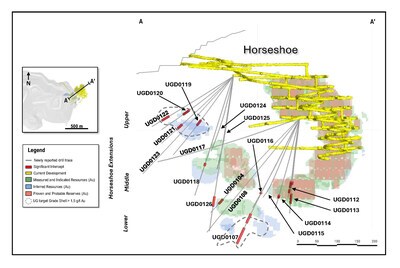 Figure 2: Schematic long section (looking northwest) showing Horseshoe mineralization with recent significant intercepts highlighted.