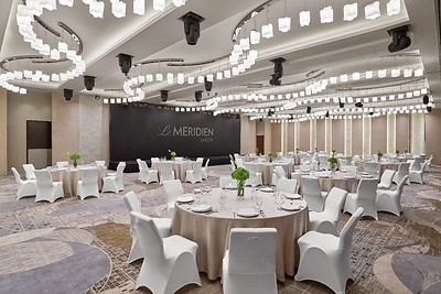 New Ballroom equipped with a 12m LED screen and standard AV setup, featuring 28 beam lights, 28 LED PAR lights, and a full sound system to accommodate any event needs