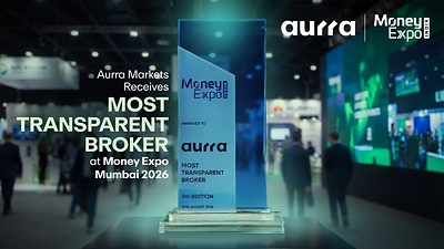 A picture showing an award that Aurra Markets received at Money Expo Mumbai 2026, titled Most Transparent Broker 2026.