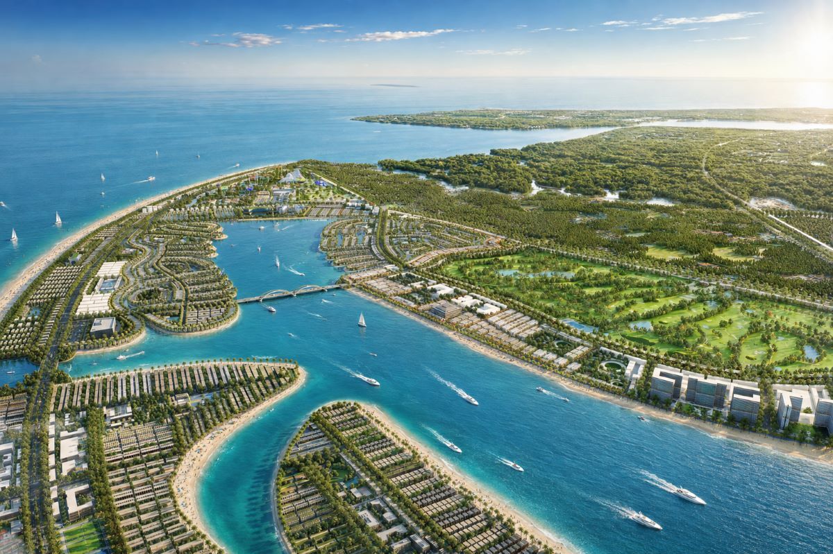 An aerial master plan of Vinhomes Green Paradise in Can Gio, the world's first greenfield project to achieve early-stage ISO 37122 Smart City Certification from the World Council on City Data.
